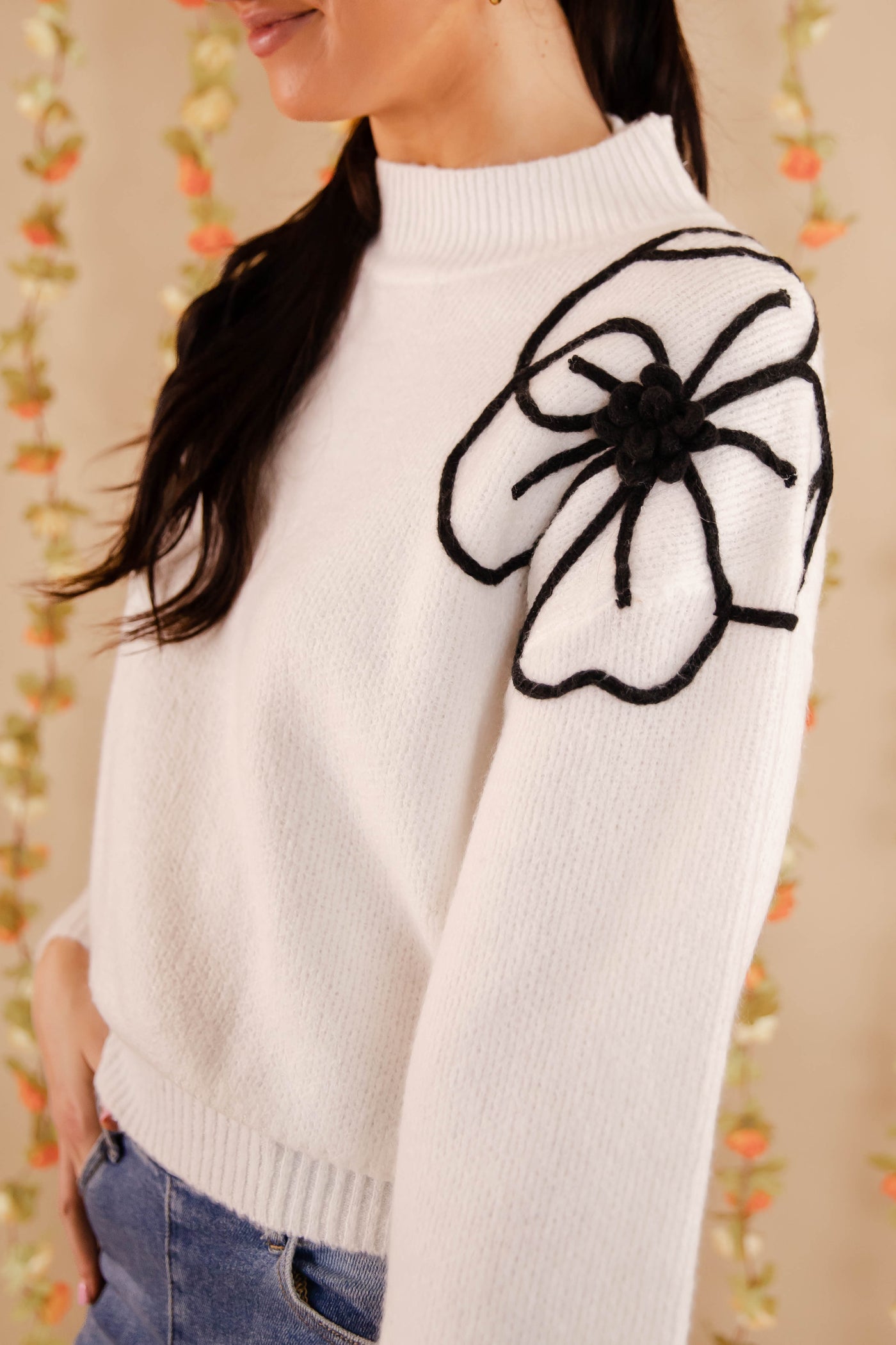 Flower Embroidery Sweater- Women's Chic White Sweater- Women's Flower Sweater