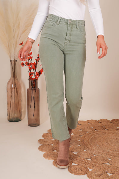 Women's Olive Green Jeans- Straight Leg Olive Pants- Women's Risen Jeans