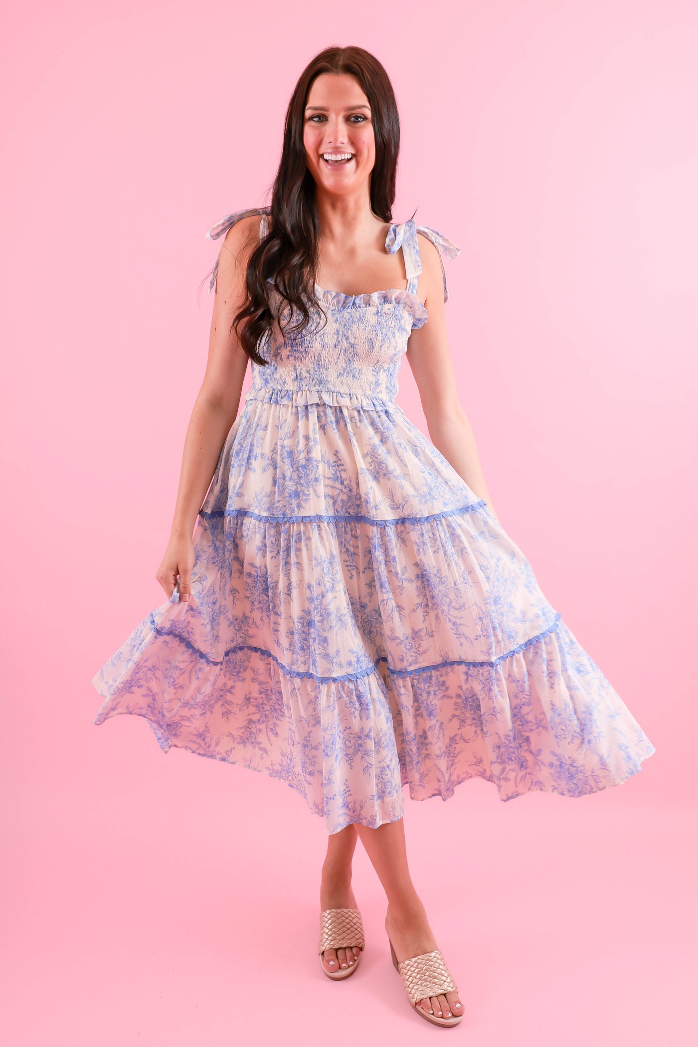 Light Blue Floral Tiered Midi Dress- &Merci Midi Dress