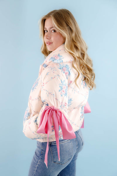 Floral Puffer Jacket- Women's Pink Bow Puffer Jacket- TCEC Pink Puffer Jacket