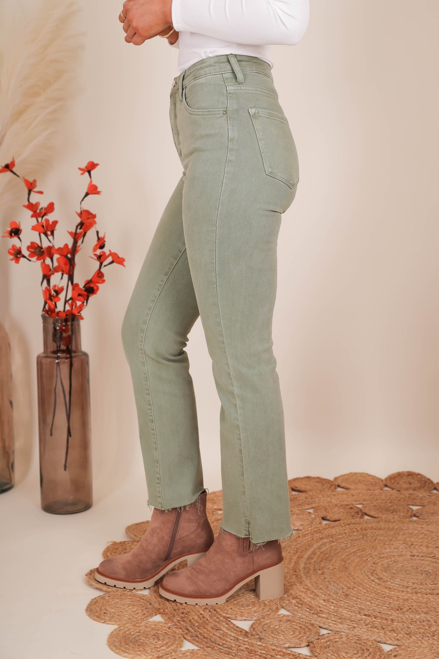 Women's Olive Green Jeans- Straight Leg Olive Pants- Women's Risen Jeans