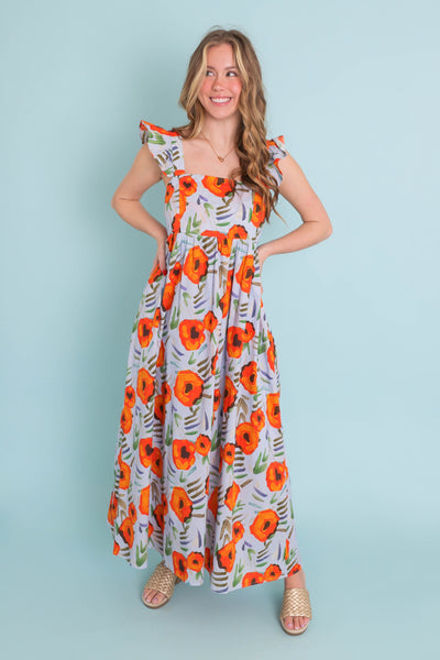 Floral Print Smocked Maxi Dress- Sky Blue Floral Print Maxi- Jodifl Maxi Dresses