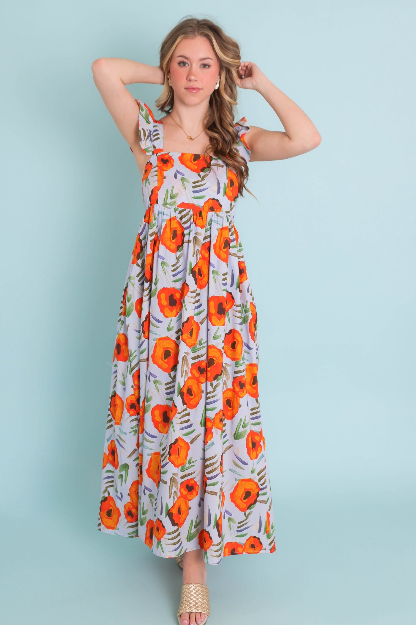 Floral Print Smocked Maxi Dress- Sky Blue Floral Print Maxi- Jodifl Maxi Dresses