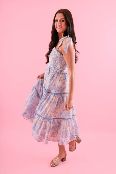 Light Blue Floral Tiered Midi Dress- &Merci Midi Dress