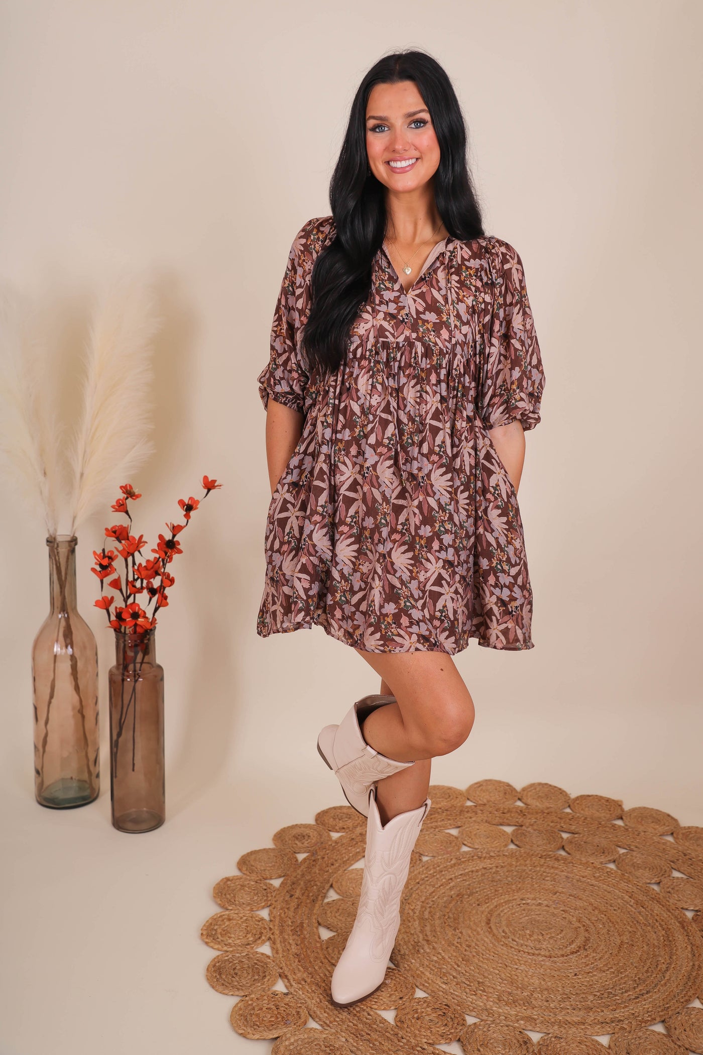 Floral Print Mini Dress- Women's Fall Dresses- Entro Dresses