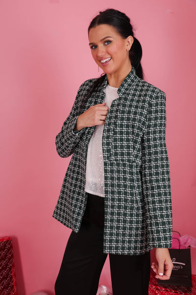 Women's Green Plaid Coat- Women's Preppy Coat- Entro Jacket