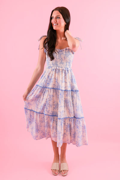 Light Blue Floral Tiered Midi Dress- &Merci Midi Dress