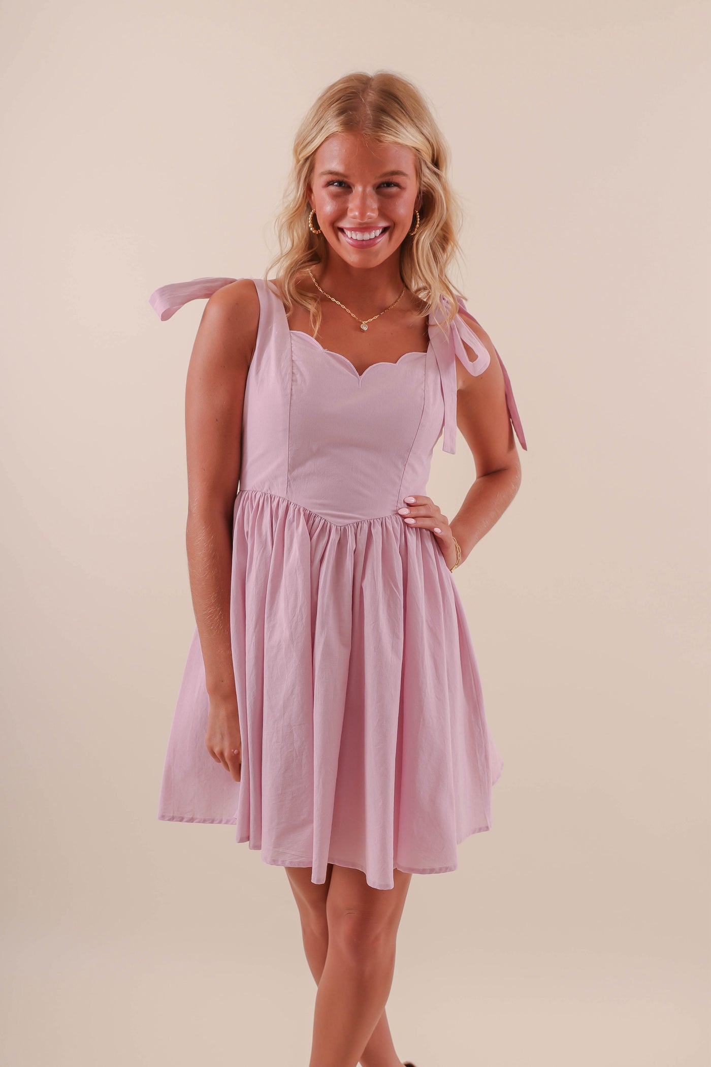 Women's Pink Scallop Mini Dress- Coquette Pink Mini Dress- Mable Scallop Dress