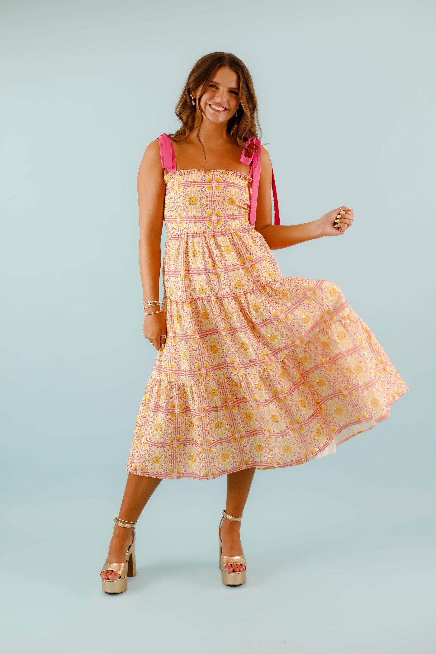 Pink Multi Print Tiered Dress- Women's Sun Print Midi- Fore Midi Dress