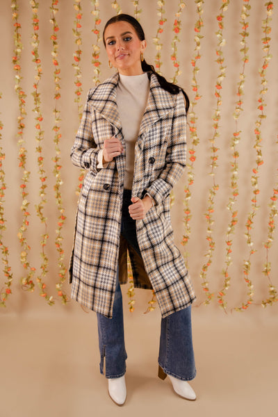 Women's Plaid Winter Coat- Double Breasted Check Print Coat- Women's Coat With Belt