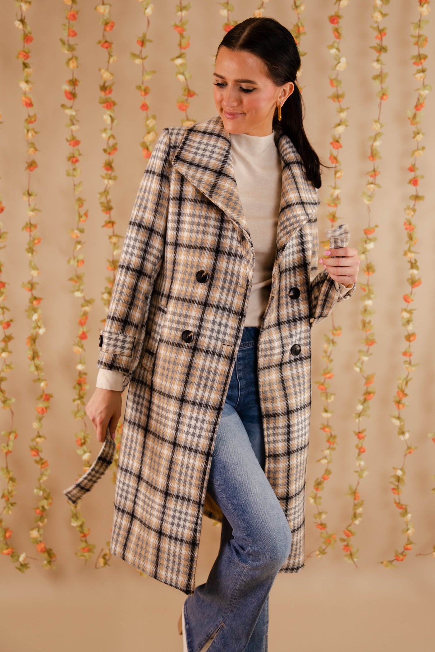 Women's Plaid Winter Coat- Double Breasted Check Print Coat- Women's Coat With Belt