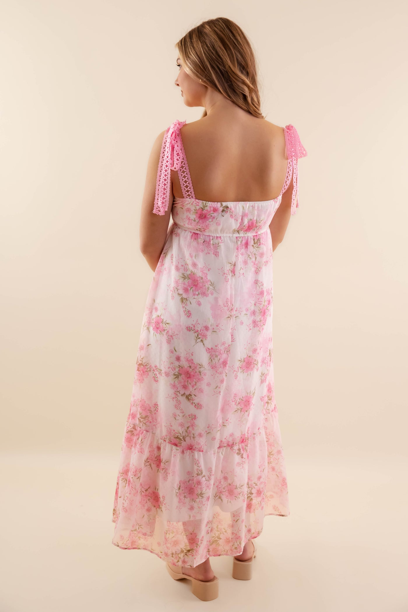 Women's Pink And Green Flower Dress- Pink Crotchet Dress- Blu Pepper Floral Maxi Dress