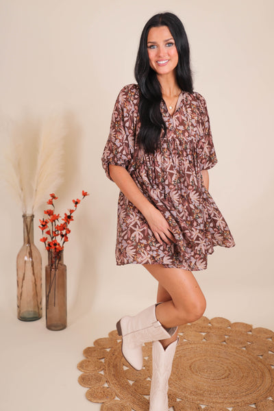 Floral Print Mini Dress- Women's Fall Dresses- Entro Dresses