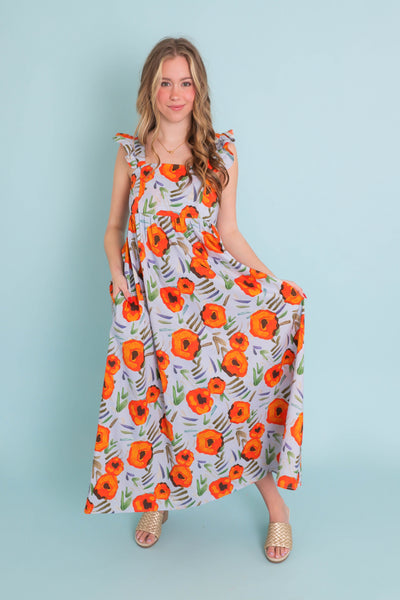 Floral Print Smocked Maxi Dress- Sky Blue Floral Print Maxi- Jodifl Maxi Dresses