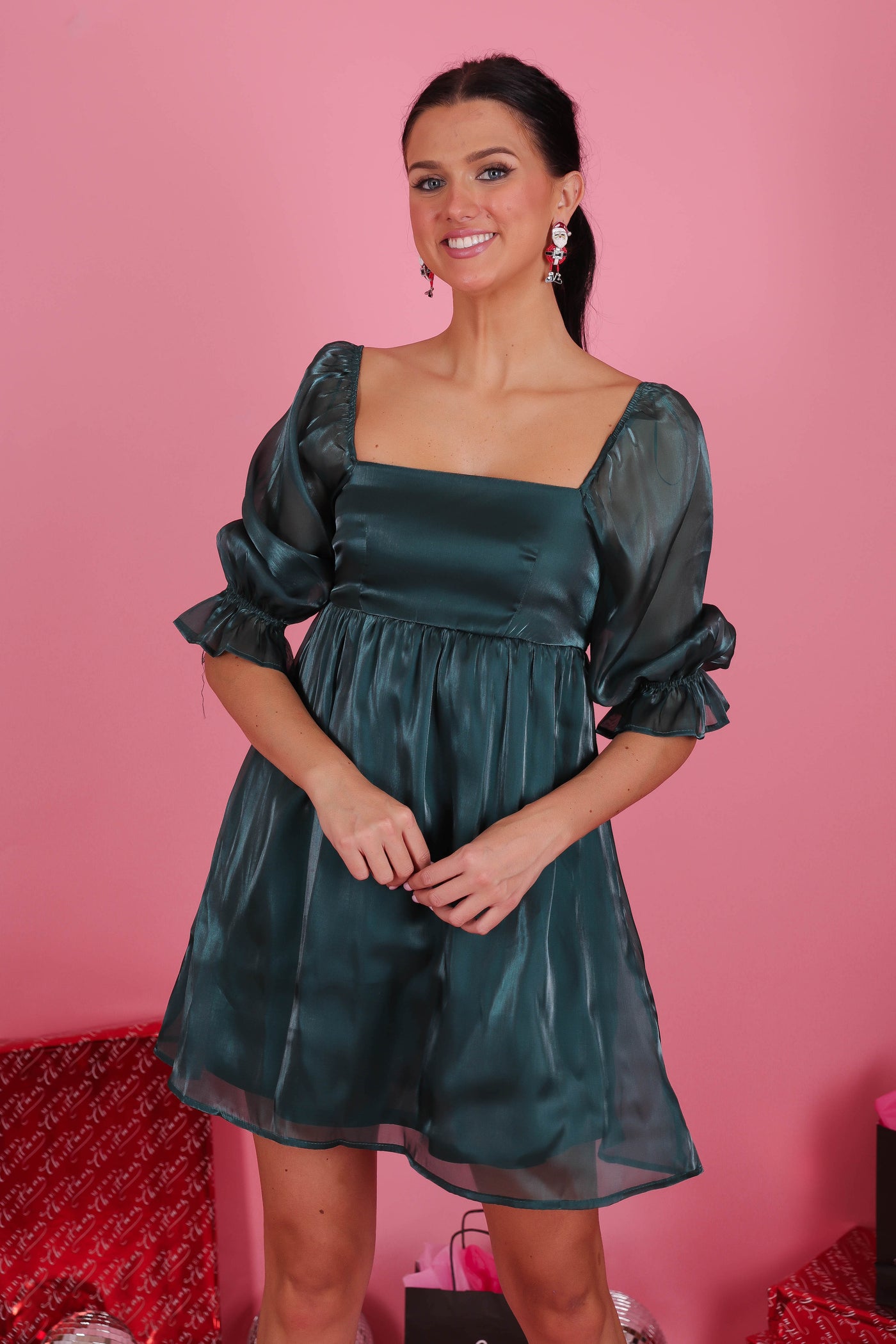 Women's Metallic Babydoll Dress- Women's Hunter Green Dress- BluPepper Dresses