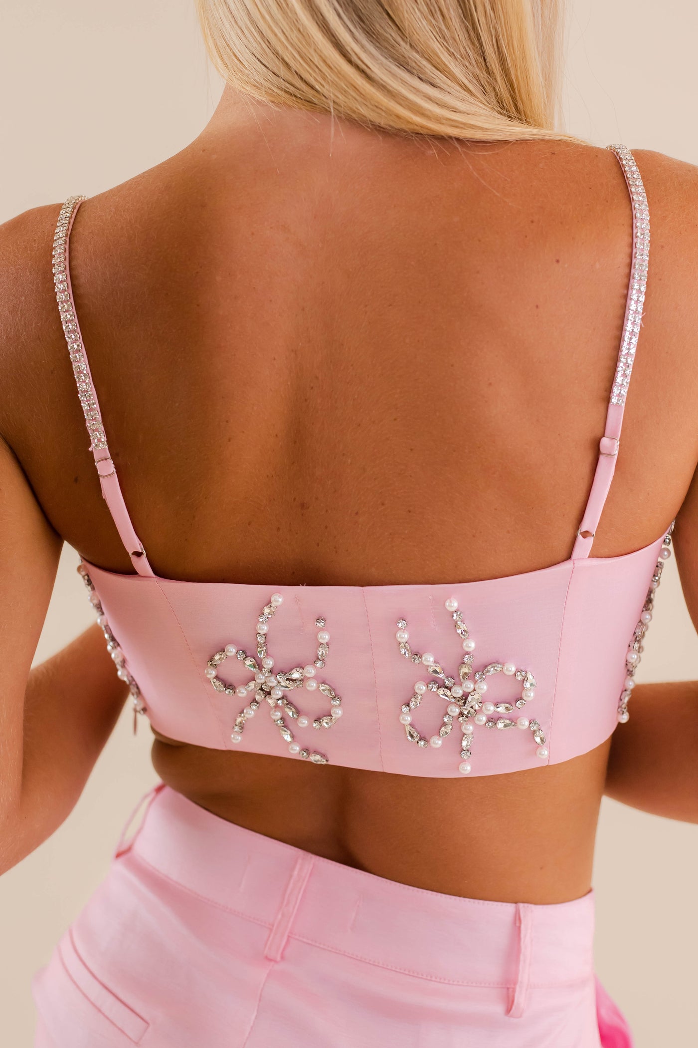 Rhinestone Bow Crop Top- Women's Party Outfits- Women's Pearl Bow Top