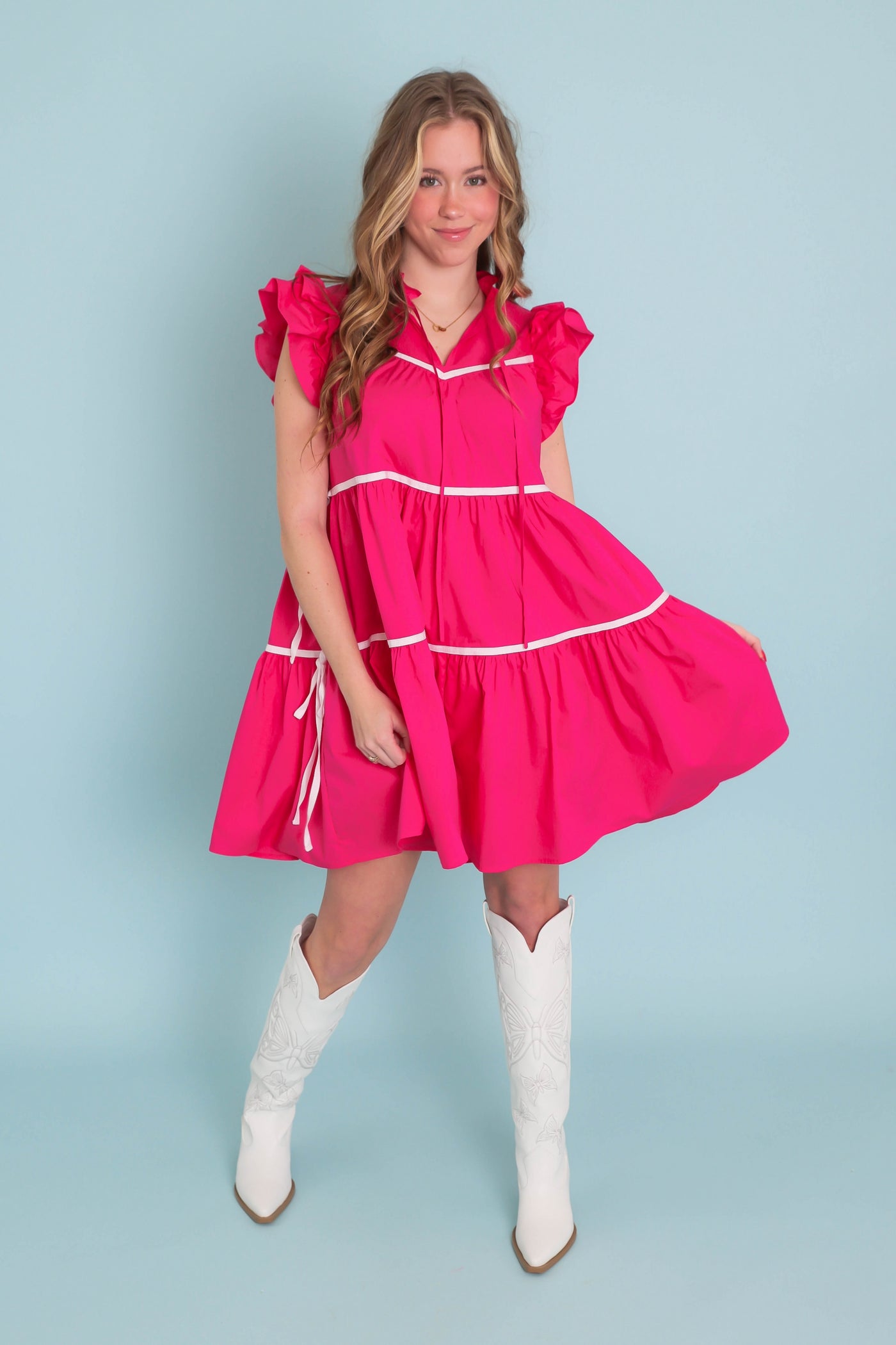 Women's Hot Pink Button Down Dress- Chic High End Dress with Ruffle Sleeves- Sofie The Label Dress