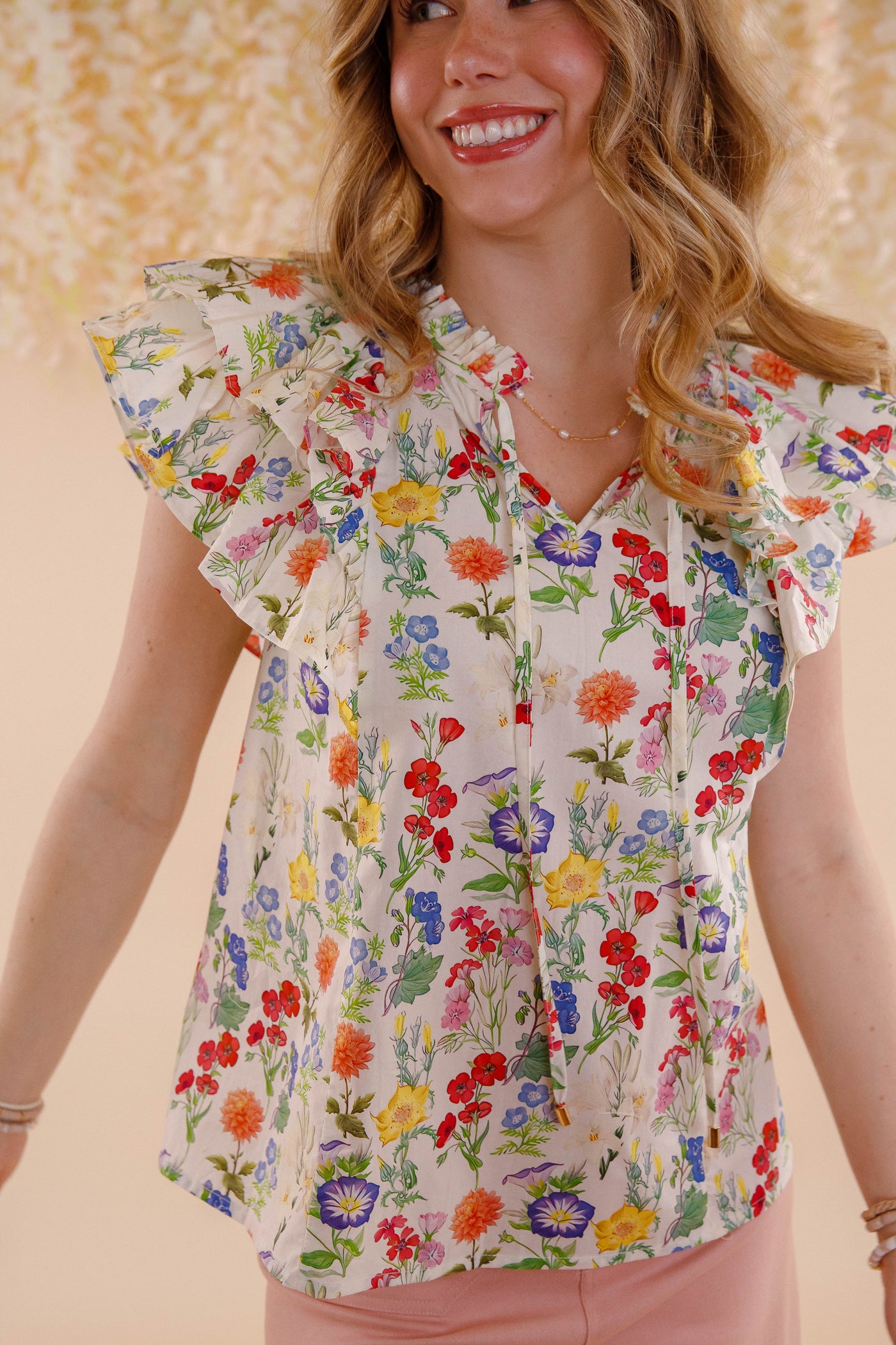 Floral Print Ruffle Sleeve Blouse- Women's Spring Summer Tops- Entro Flower Blouse