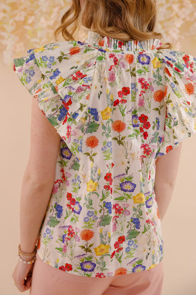 Floral Print Ruffle Sleeve Blouse- Women's Spring Summer Tops- Entro Flower Blouse