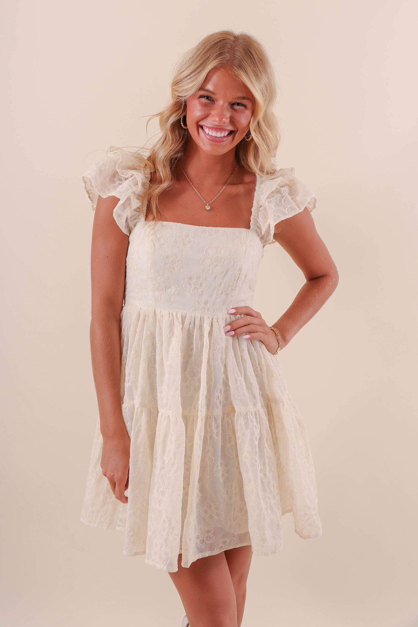 Women's Ivory Embroidered Dress- Women's Ruffle Flower Mini Dress- MABLE Dresses