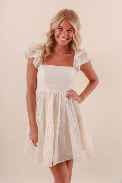 Women's Ivory Embroidered Dress- Women's Ruffle Flower Mini Dress- MABLE Dresses