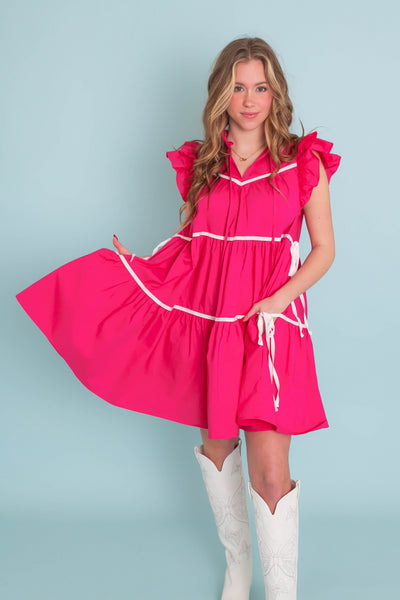 Women's Hot Pink Button Down Dress- Chic High End Dress with Ruffle Sleeves- Sofie The Label Dress