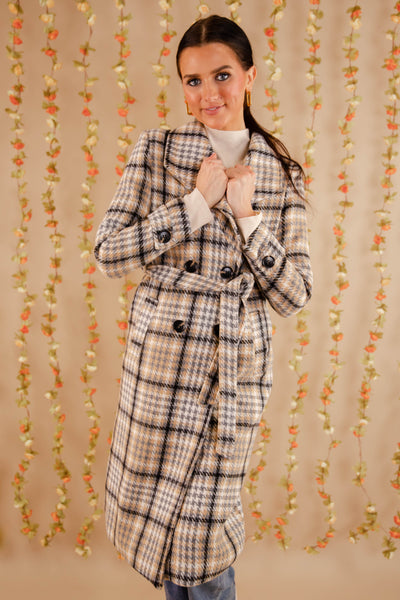 Women's Plaid Winter Coat- Double Breasted Check Print Coat- Women's Coat With Belt