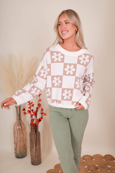 Women's Trendy Check Sweater- Checkered Flower Sweater- Miracle Sweaters