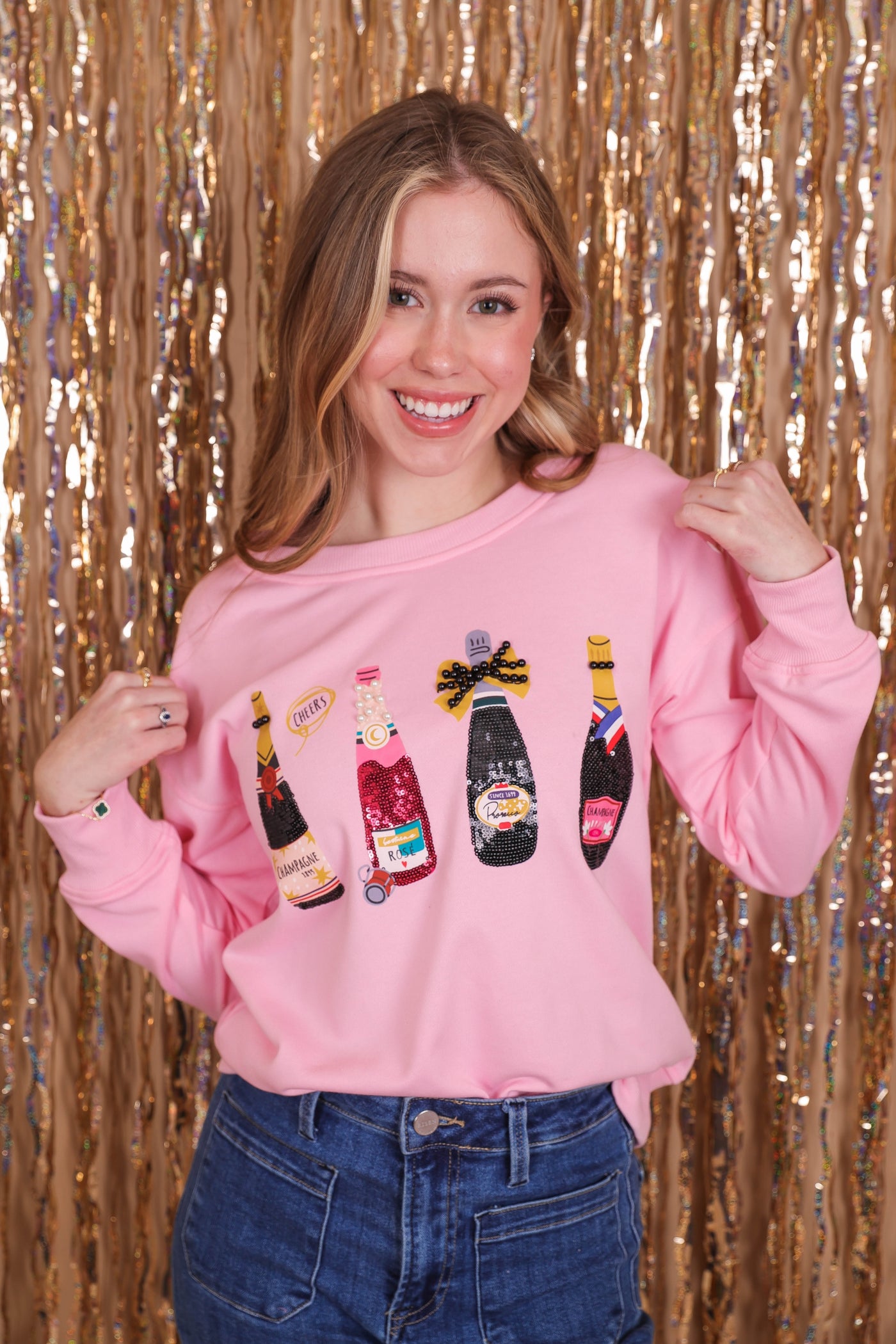 Women's Sequin Champagne Pullover- Women's Embellished Sweatshirt- Sparkle Queen Champagne Top