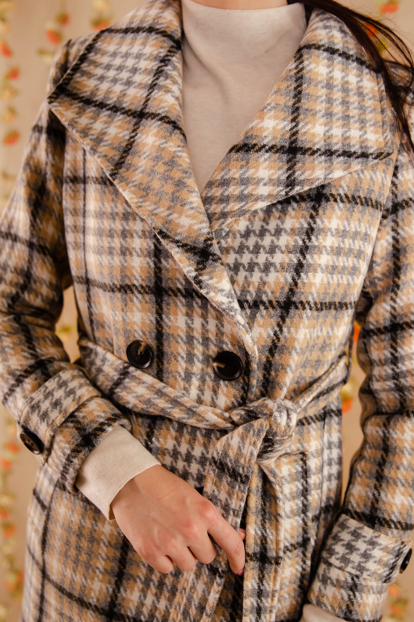 Women's Plaid Winter Coat- Double Breasted Check Print Coat- Women's Coat With Belt