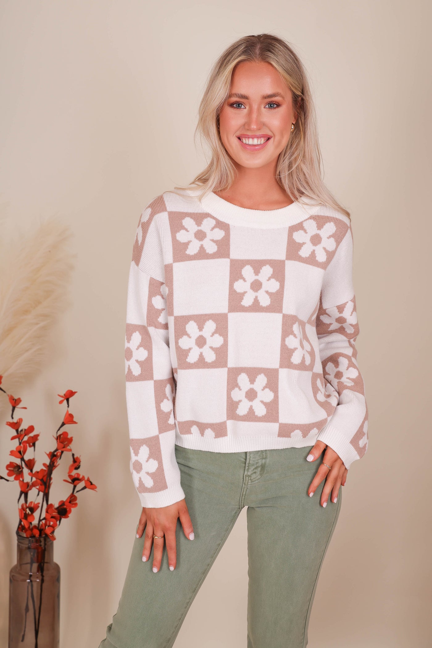 Women's Trendy Check Sweater- Checkered Flower Sweater- Miracle Sweaters