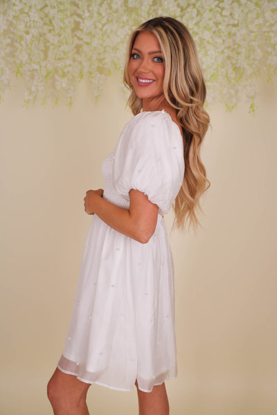 White Pearl Dress- Women's Pearl Detail Dress- Lena Pearl Dress