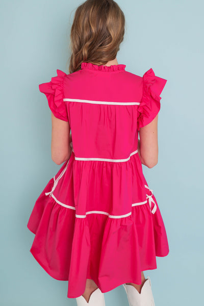 Women's Hot Pink Button Down Dress- Chic High End Dress with Ruffle Sleeves- Sofie The Label Dress