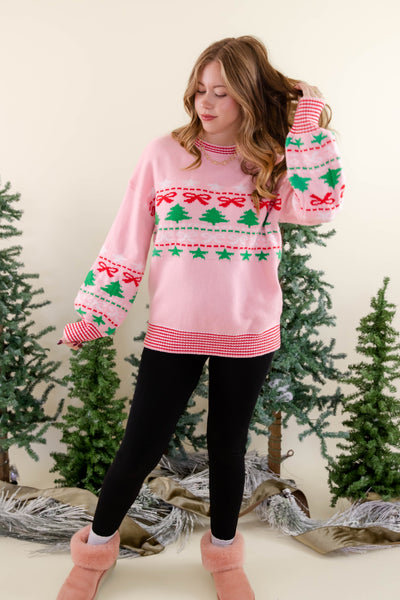 Festive Ribbed Sweater- Christmas Tree Bow Sweater- Women's Preppy Christmas Sweaters