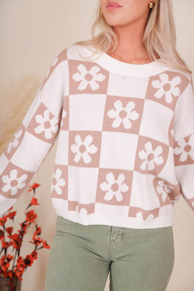 Women's Trendy Check Sweater- Checkered Flower Sweater- Miracle Sweaters