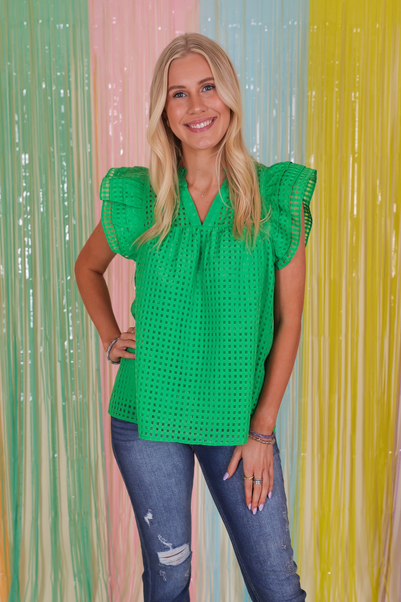 Women's Ruffle Green Blouse- Women's Gingham Top- Entro Ruffle Top