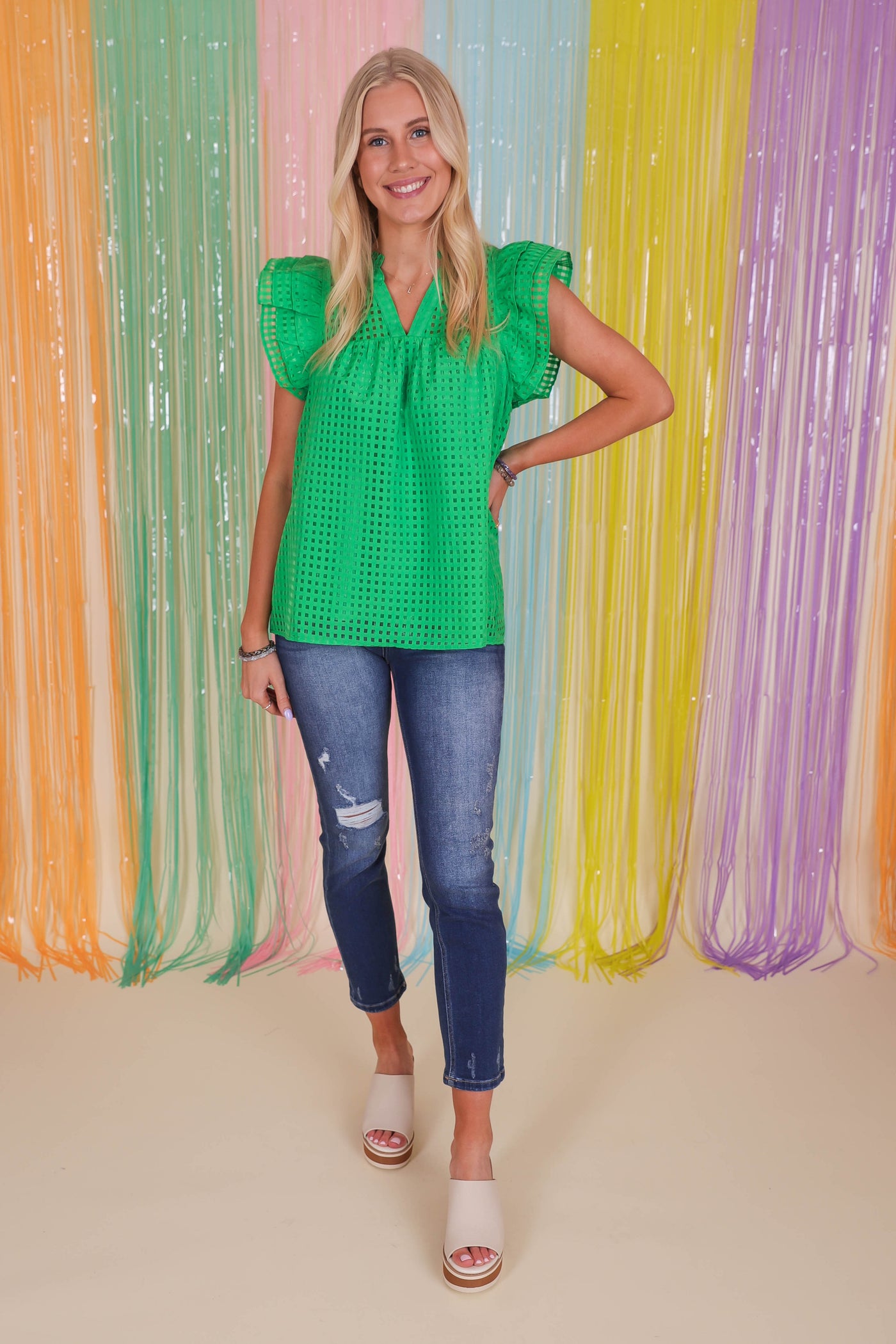 Women's Ruffle Green Blouse- Women's Gingham Top- Entro Ruffle Top