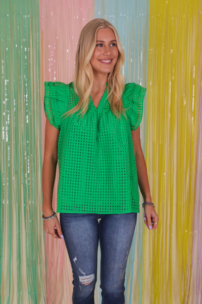 Women's Ruffle Green Blouse- Women's Gingham Top- Entro Ruffle Top