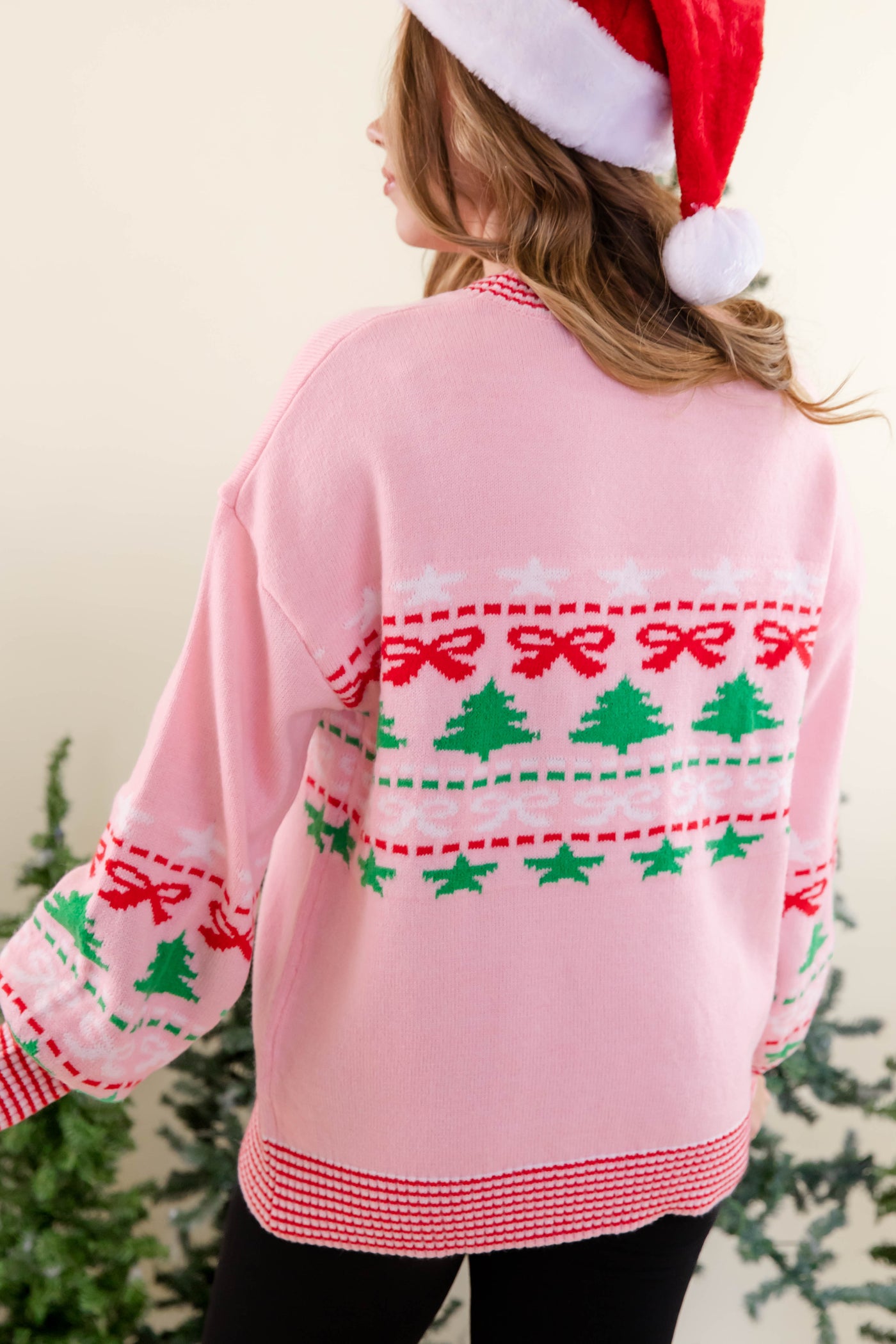 Festive Ribbed Sweater- Christmas Tree Bow Sweater- Women's Preppy Christmas Sweaters