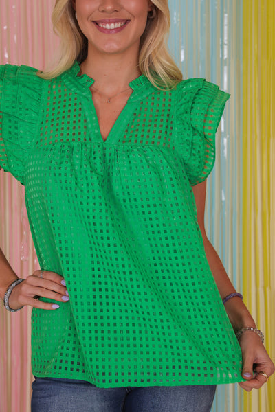 Women's Ruffle Green Blouse- Women's Gingham Top- Entro Ruffle Top