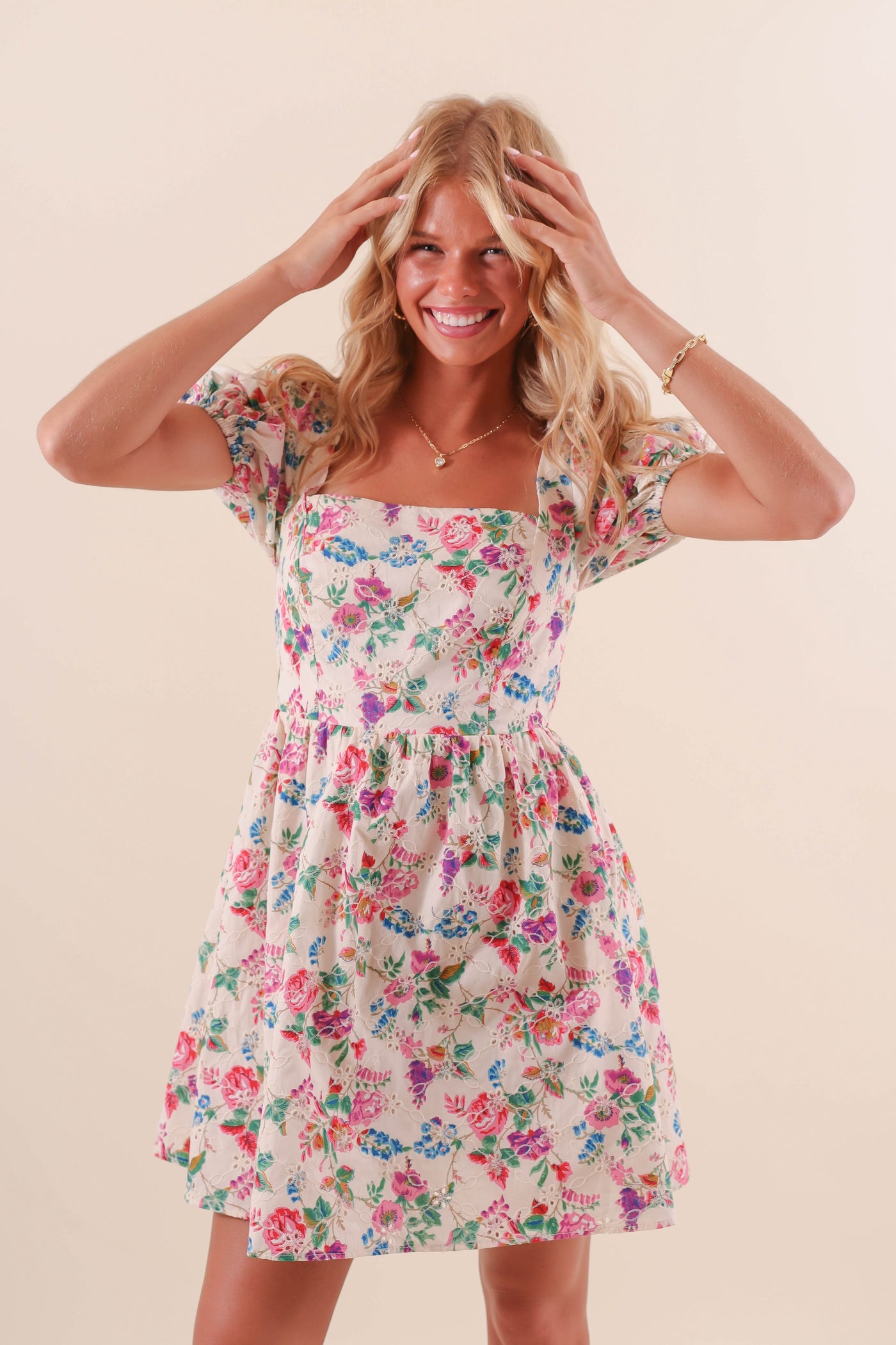 Floral Eyelet Mini Dress- Women's Colorful Dresses- Sugarlips Mini Dress