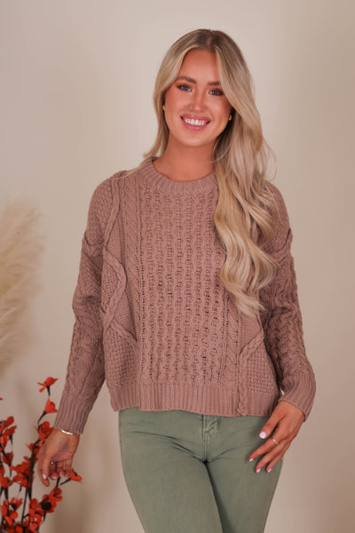 Women's Brown Cable Knit Sweater- Women's Cozy Fall Sweaters- &Merci Sweaters