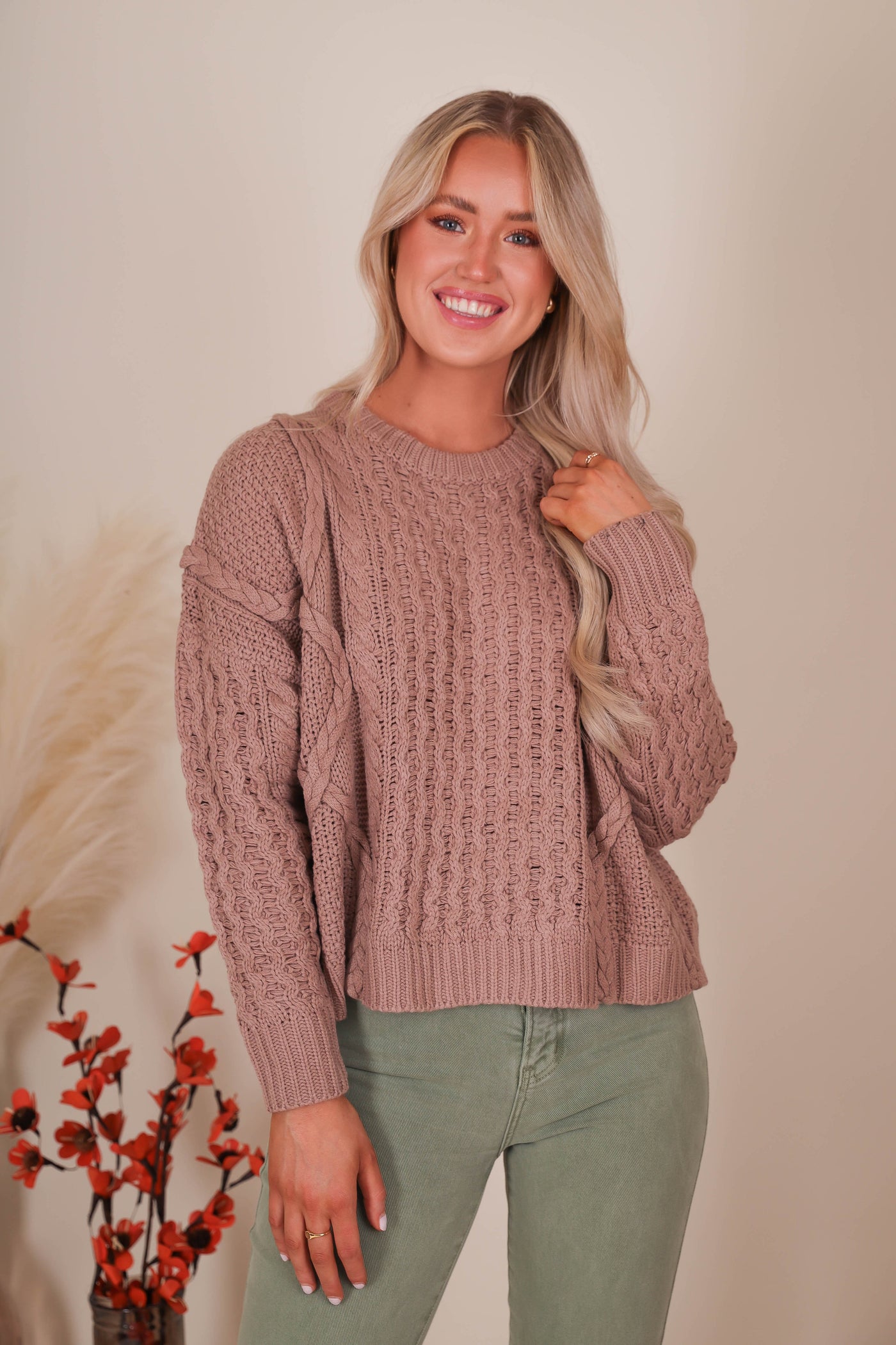 Women's Brown Cable Knit Sweater- Women's Cozy Fall Sweaters- &Merci Sweaters