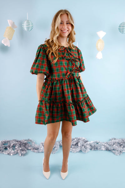 Green Tartan Plaid Dress- Women's Plaid Holiday Dress- PeachLove Christmas Dress