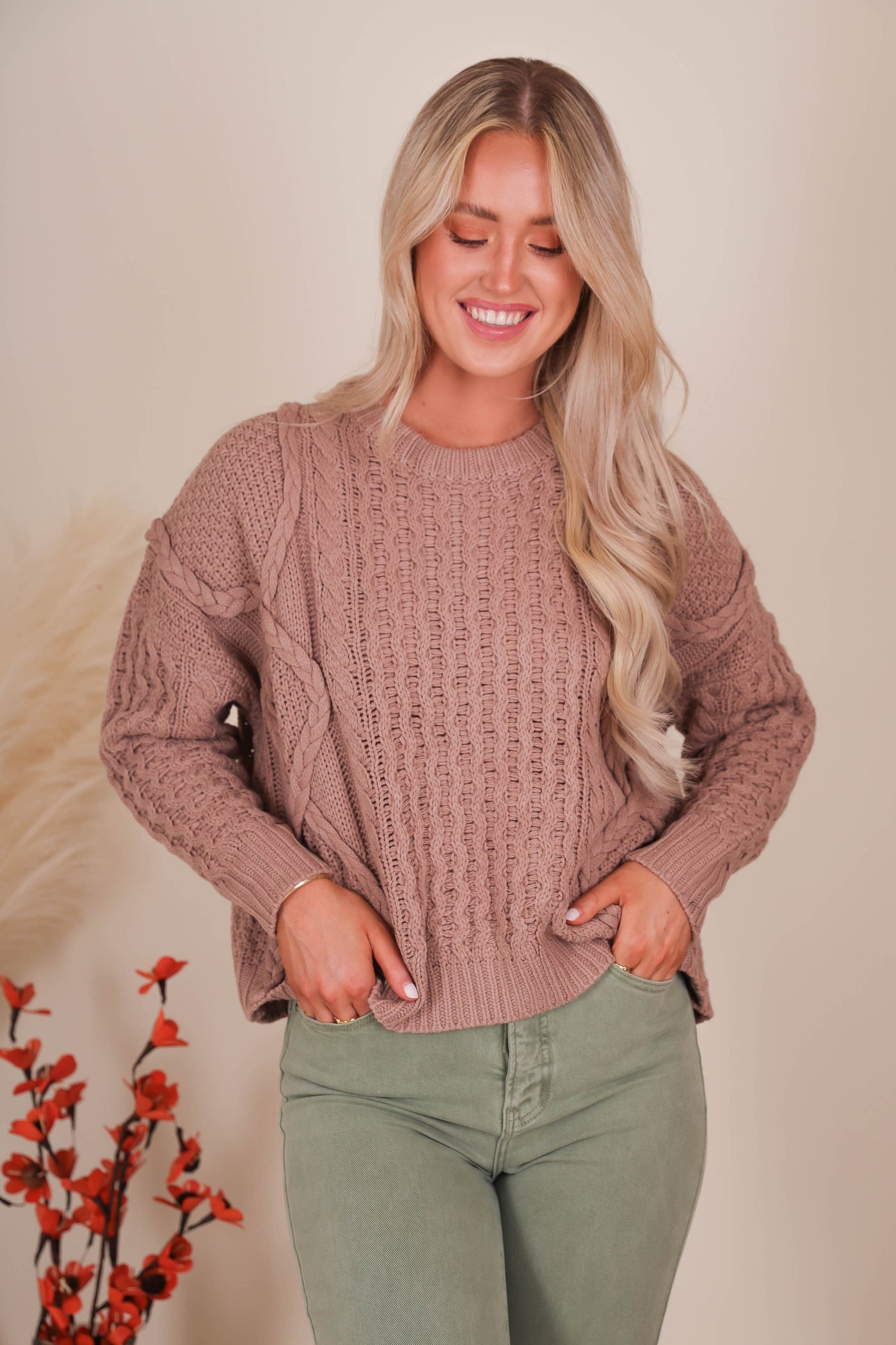 Women's Brown Cable Knit Sweater- Women's Cozy Fall Sweaters- &Merci Sweaters