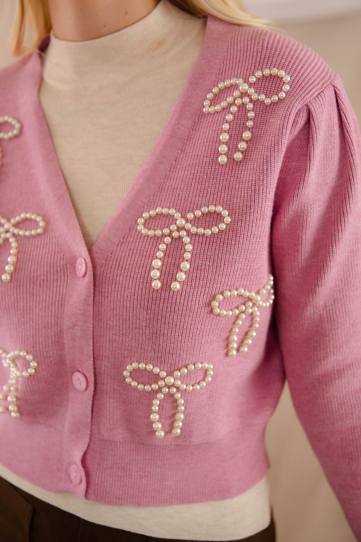 Women's Pearl Bow Cardigan- Pink Cardigan With Bows- PeachLove Pearl Sweater