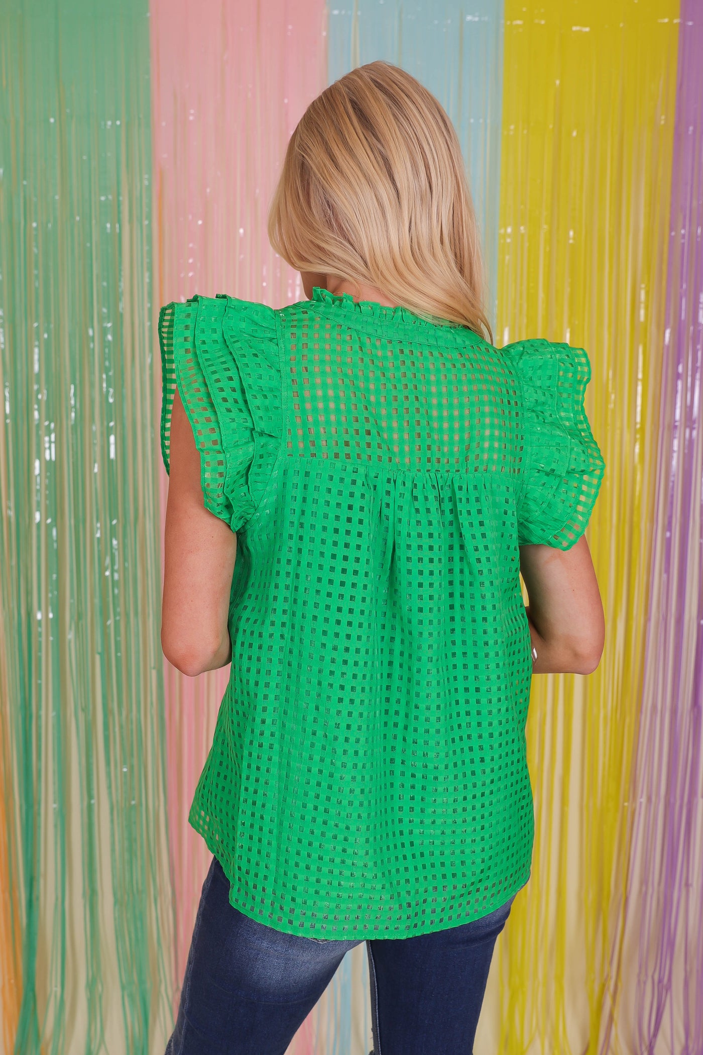 Women's Ruffle Green Blouse- Women's Gingham Top- Entro Ruffle Top