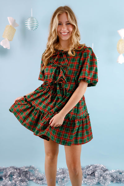 Green Tartan Plaid Dress- Women's Plaid Holiday Dress- PeachLove Christmas Dress