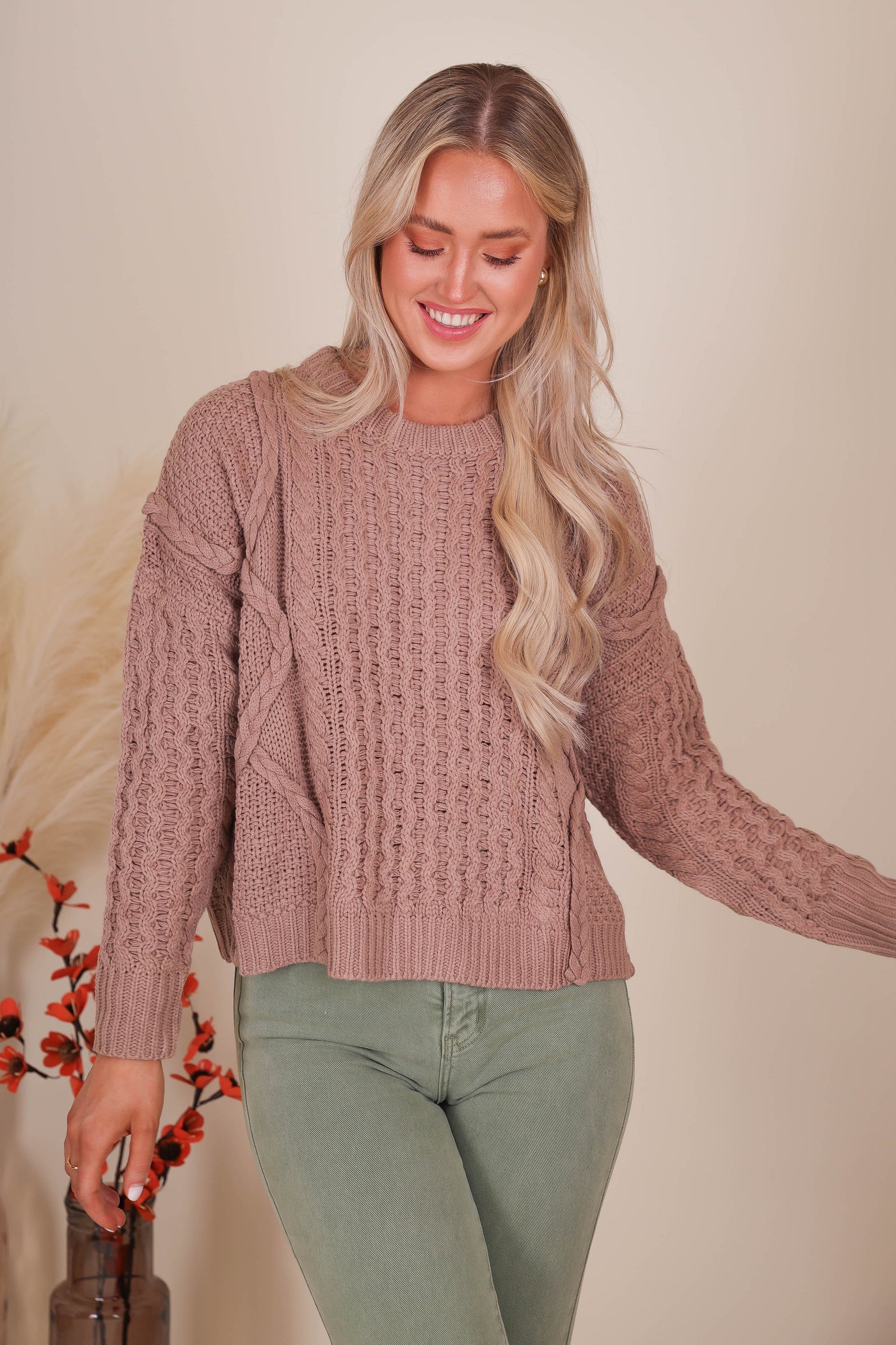 Women's Brown Cable Knit Sweater- Women's Cozy Fall Sweaters- &Merci Sweaters