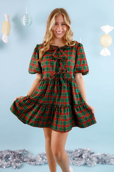 Green Tartan Plaid Dress- Women's Plaid Holiday Dress- PeachLove Christmas Dress